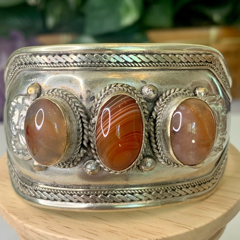 Vintage Afgan Kuchi Tribal Cuff Bracelet Carnelian Agate German Silver Boho 41g